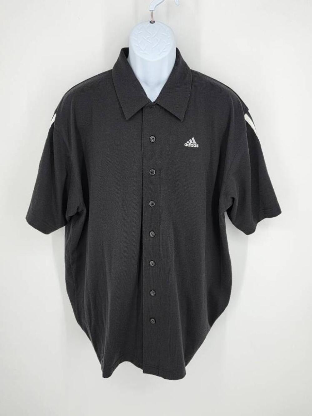 Adidas Vintage Button Down Polo Shirt Black 3 Stripes Y2K Streetwear Men Size L